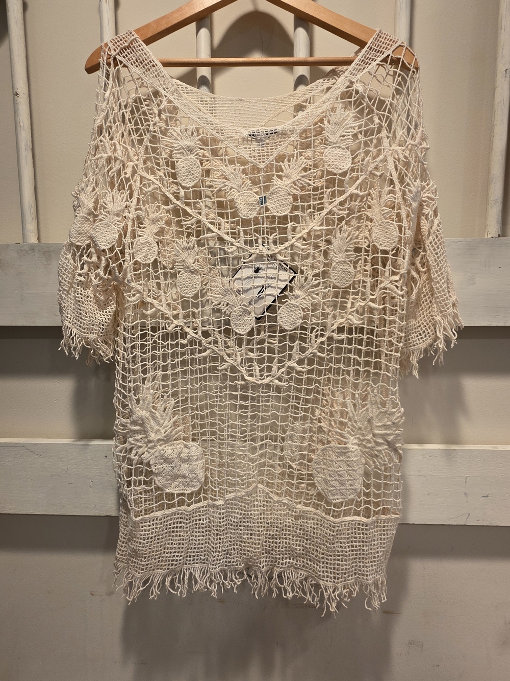 BLUE ISLAND Cream Pineapple Crochet Knit Swim Cover Up, Boho Beach NWT - Picture 4 of 9